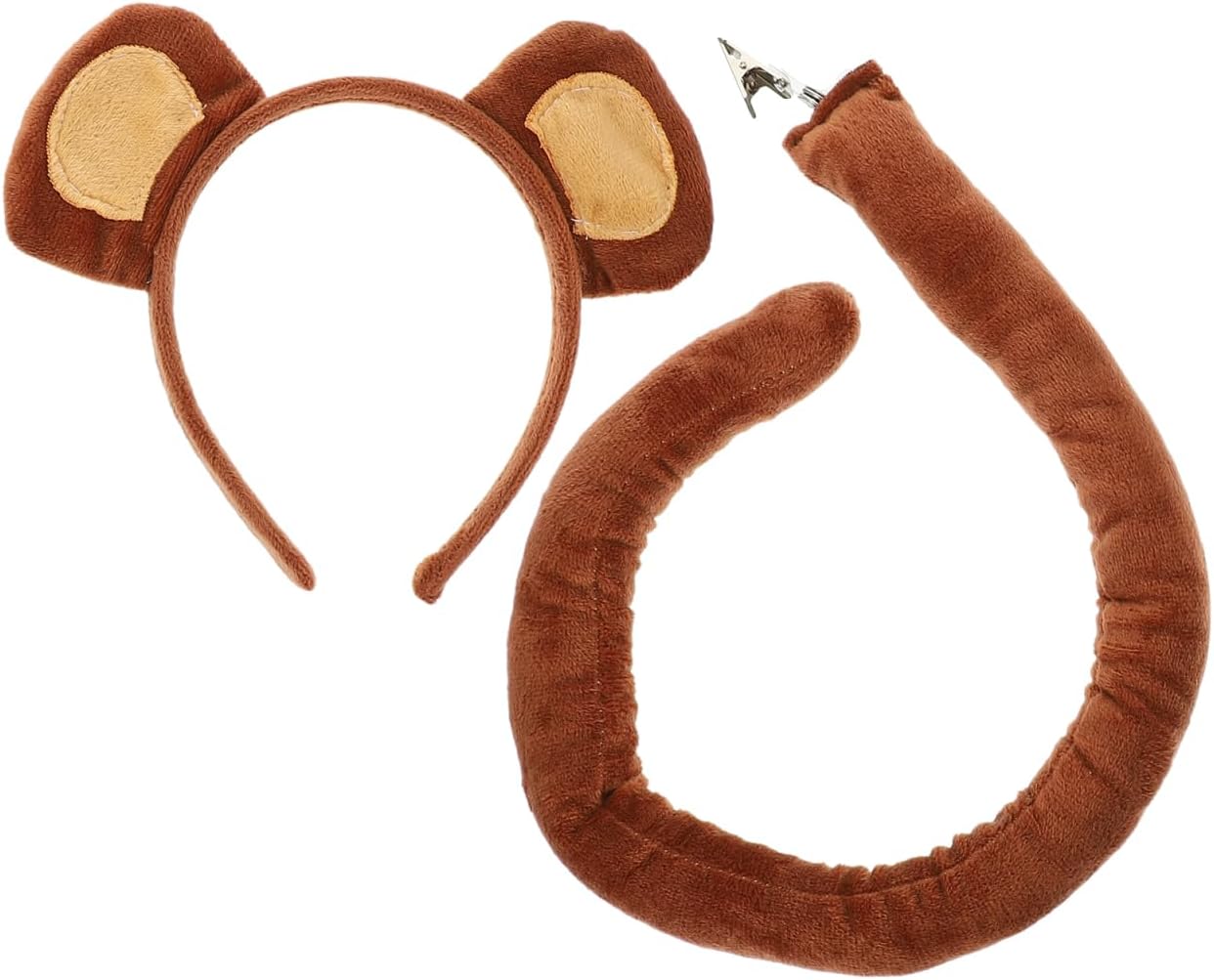 Totority Monkey Ear Headband And Tail Set, Adjustable Animal Cosplay Costume Accessories for Kids, Brown Fabric Monkey Ears And Tail for Jungle Party, Stage Performance, Photo Props