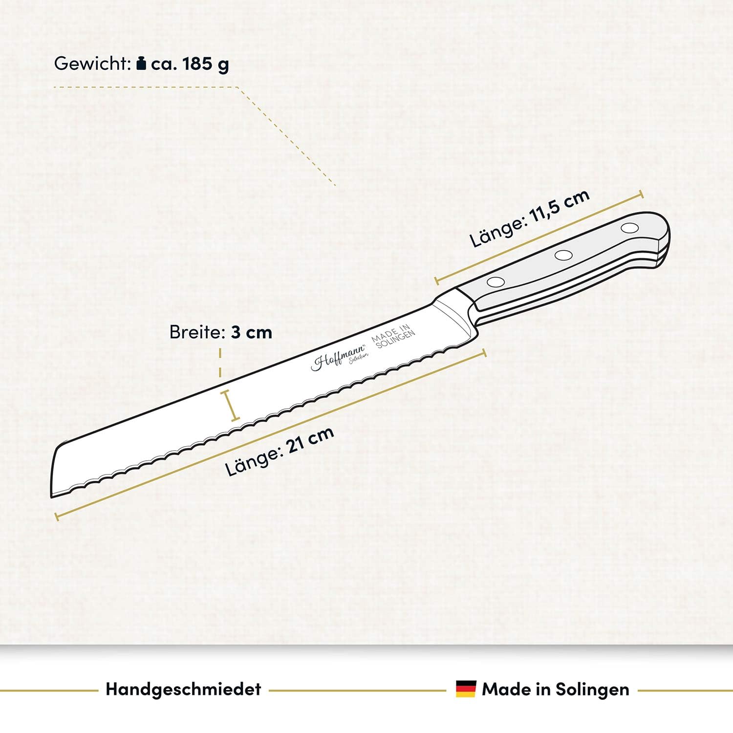Hoffmann Brotmesser, Handgeschmiedet in Solingen, Edelstahl, Klingenlänge 21 cm Wellenschliffklinge, POM-Griff, 185g, Professionelles Küchenmesser Made in Germany, Brotschneidemesser, Küchenmesser
