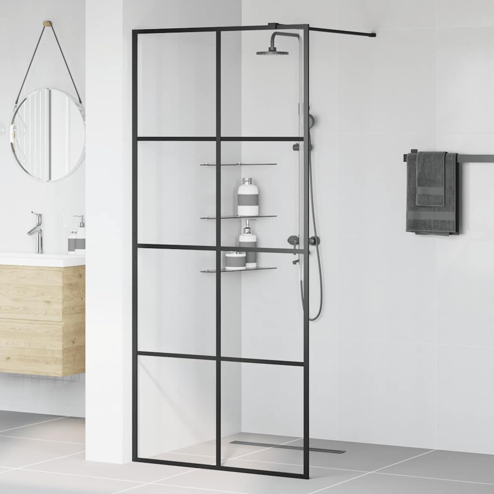 Gecheer Mamparas de Ducha Pantalla,Mampara Ducha Fija de ESG,Mampara de Ducha Frontal Panel Fijo Estilo Industrial Transparente Negro 90x195 cm