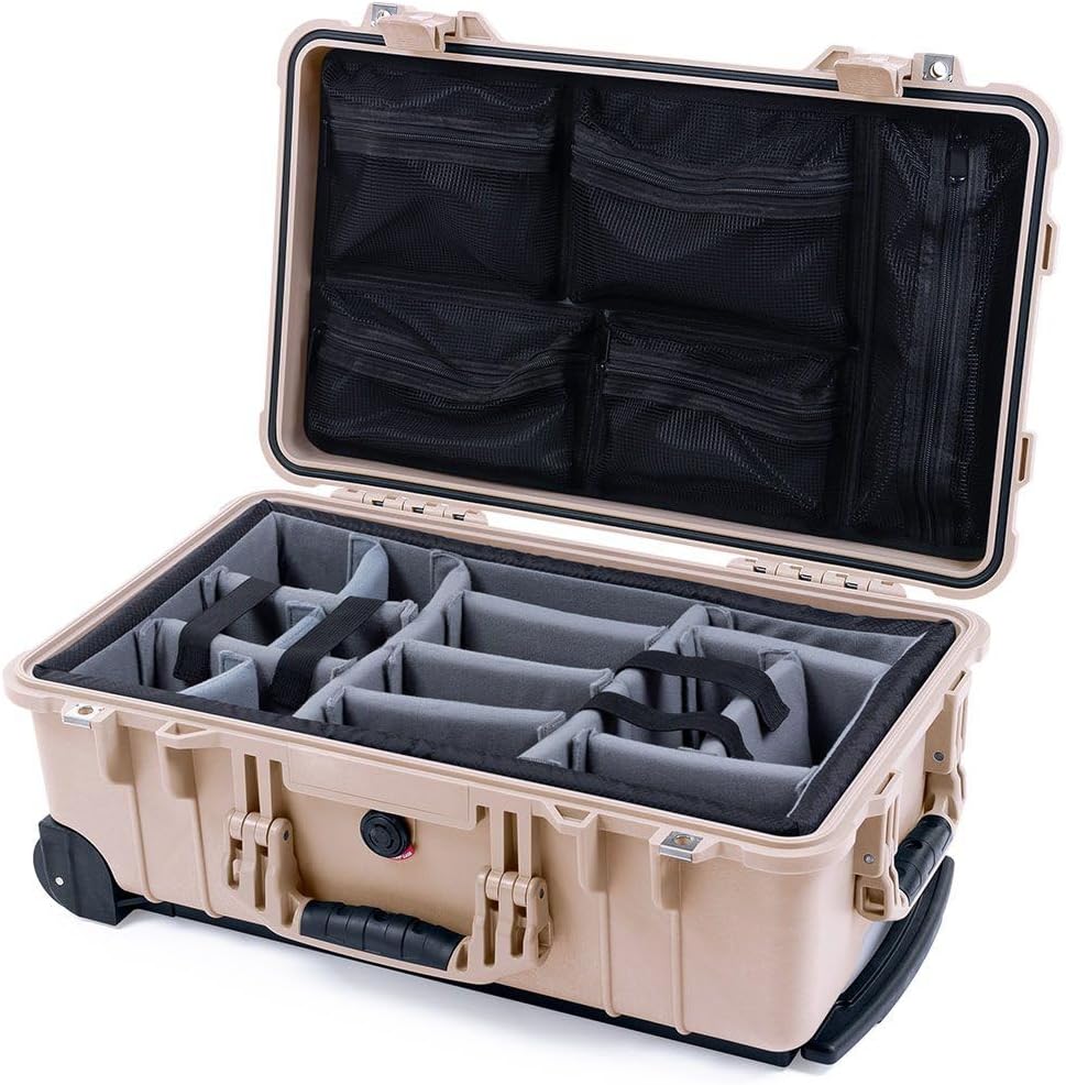 ColorCase Pelican Protector 1510 Carry-on Case Desert Tan - Medium Size Waterproof Case with Gray Padded Microfiber Dividers & Mesh Lid Organizer - Desert Tan Handles & Latches
