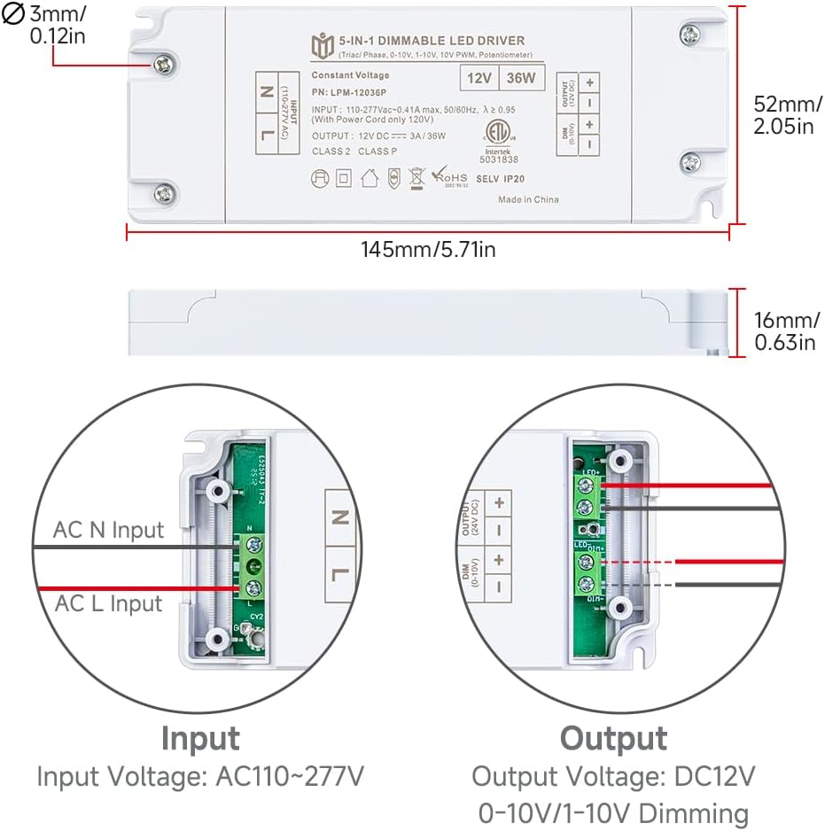 BTF-LIGHTING 12VDC Dimmable Power Supply,60W Triac/ELV/MLV/0-10V/1-10V/10V PWM/Potentiometer LED Driver,Input AC110V-277V Constant Voltage for LED Strip,Flicker-Free,ETL Listed,Class 2,Class P,FCC
