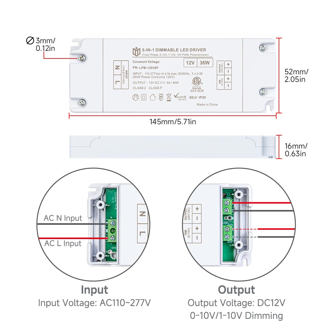 BTF-LIGHTING 12VDC ETL Listed Dimmable Power Supply,36W Triac/ELV/MLV/0-10V/1-10V/10V PWM/Potentiometer LED Driver,Input AC110V-277V Constant Voltage for LED Strip Flicker-Free,Class 2,Class P,FCC