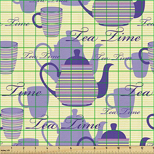 Image of Ambesonne Tea Party Fabric by The Yard, Striped Teapots Cups Silhouettes Classical Calligraphy Pattern, Decorative Fabric for Upholstery and Home Accents, 2 Yards, Yellow Lavender
