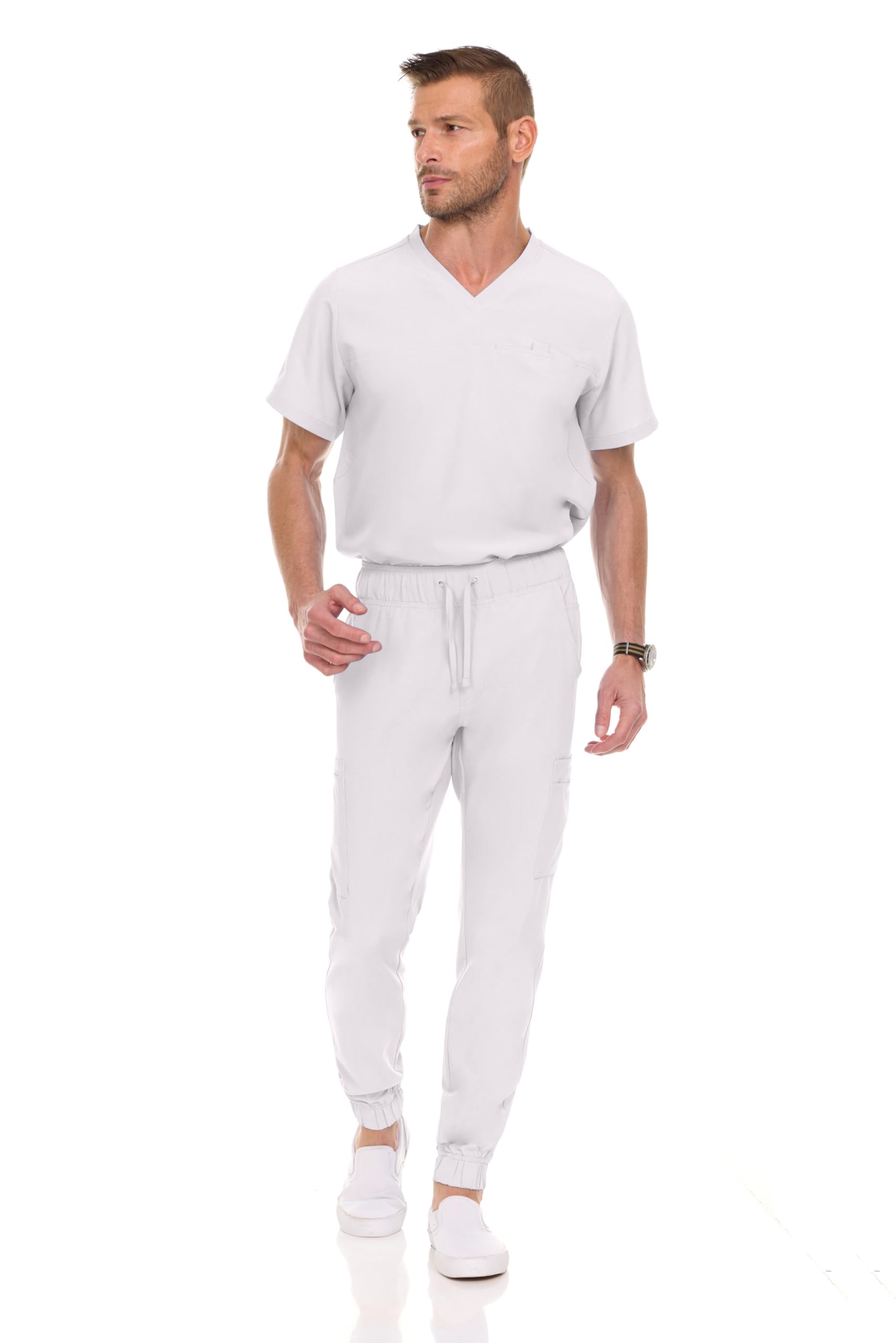Medichic Men's Workwear Stretch V-Neck Scrub Joggers Set with Seven-Pocket Pants, Available in 6+ Colors