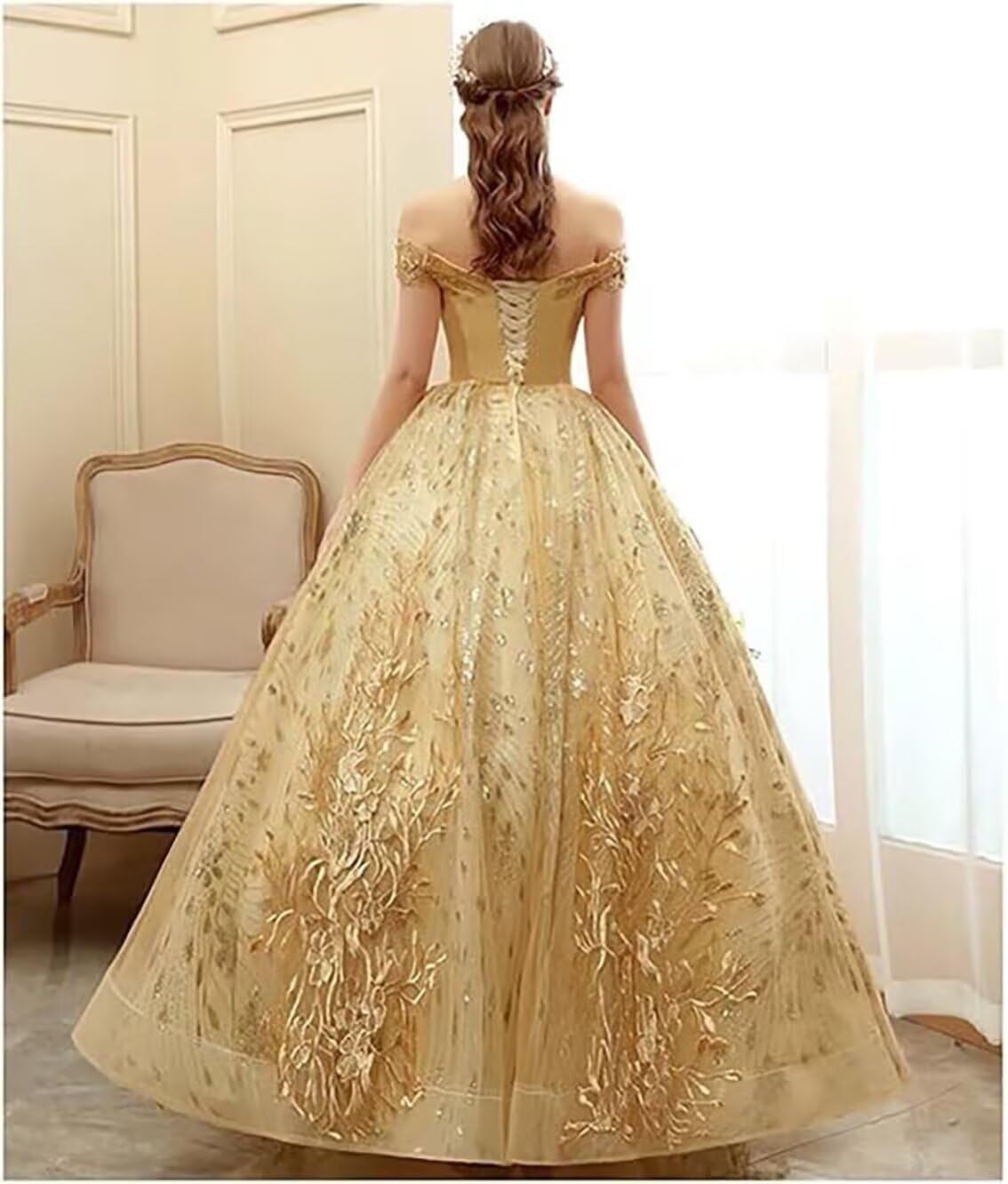 Vestido largo de quinceañera para mujer, con hombros descubiertos, de tul, vestido de noche con apliques de encaje