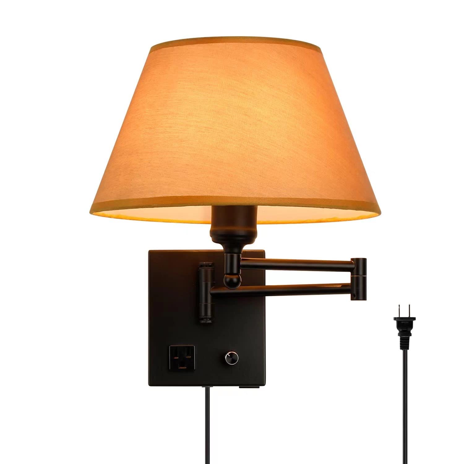 Swing Arm Wall Sconces, Plug-in Wall lamp,Bedroom Wall lamp ， White Fabric Shade with dimmable Switch and USB Charging Port,Suitable for Bedside,Living Room,Reading (Black. Gold Shadow)