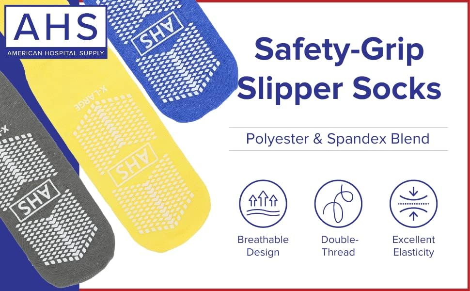 AMERICAN HOSPITAL SUPPLY Anti-Slip Hospital Grip Socks Assorted Colors Knit with Elastic Cuff | X-Large | Bariatric (Yellow, Blue, and Gray) 6 Pairs of Grippy Socks - Image 9