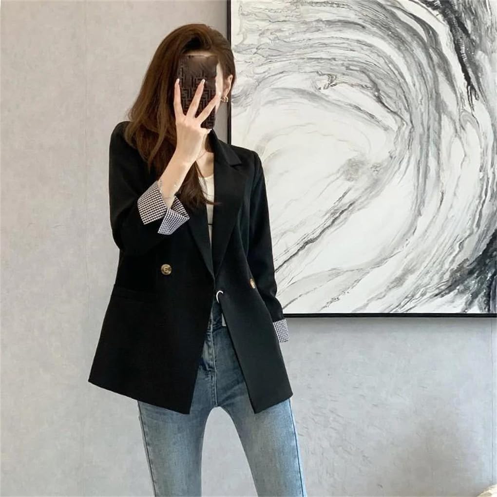 Women Black Turn-Down Collar Blazer, Double Breasted Loose Office Lady Casual Outerwear