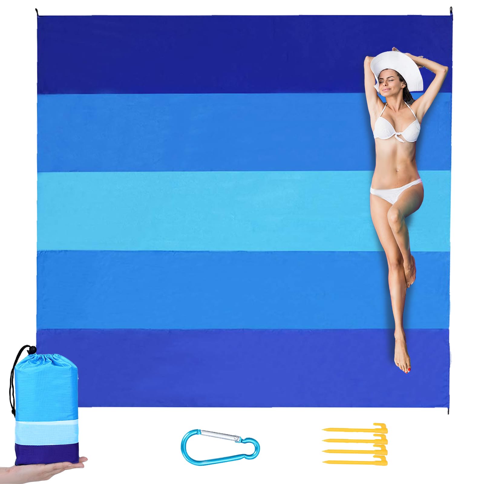 YOUYIKE Alfombra de Playa 200 x 210cm Grande, con Hebilla de Bloqueo Mantas de Playa Antiarena Impermeable Esterilla Playa, Playa Accesorios 4 Clavos de Fijación, Ideal para Viajes al Aire Libre