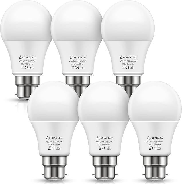 B22 LED Bulb Bayonet, 9W LED LOHAS Bayonet Light Bulb, 820LM, 60W Equivalent, Cool White 6000K, Non Dimmable, Energy Saving Light Bulb, Pack of 6