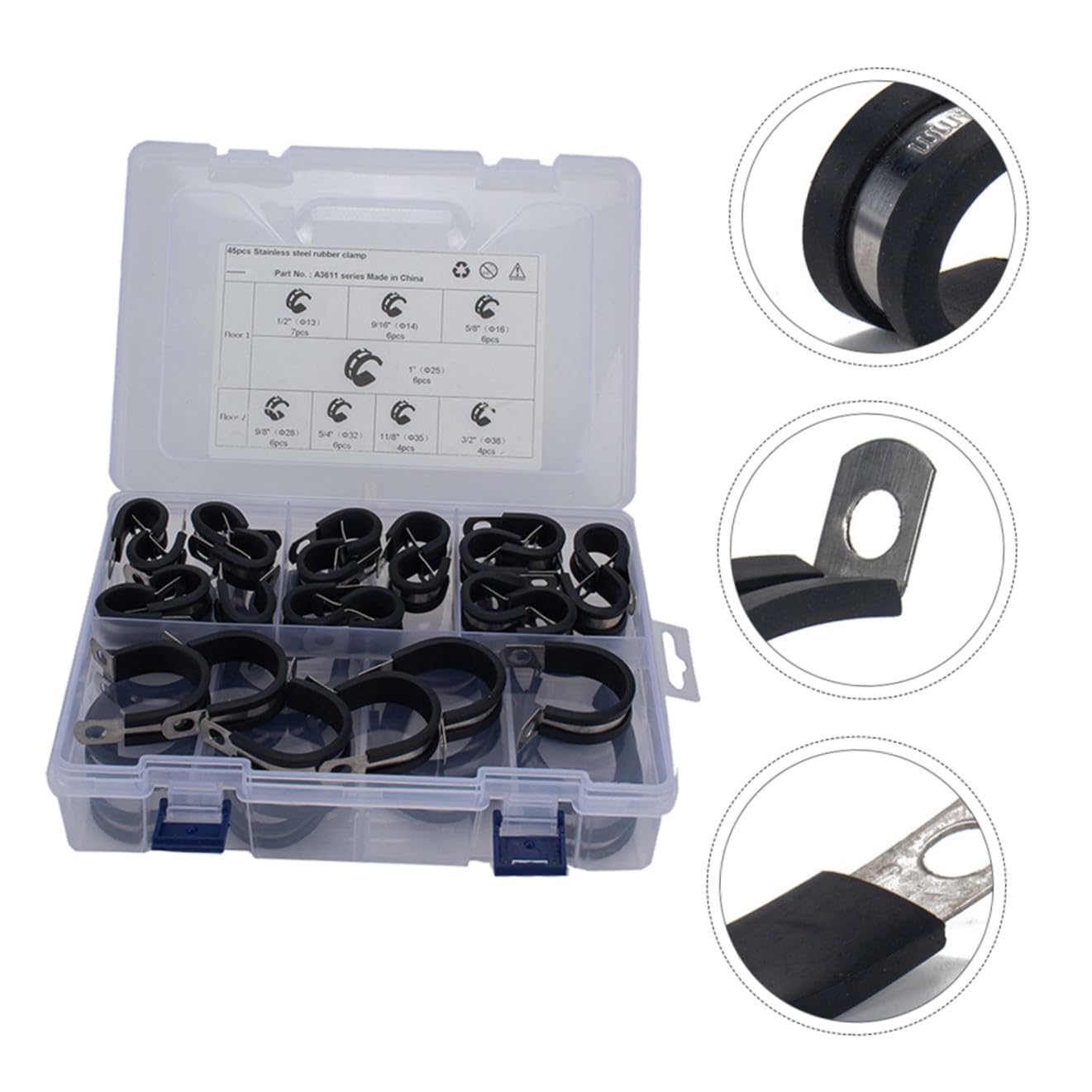 jojofuny 45pièces Kit De Colliers De Serrage r Acier Inoxydable Avec Doublure Caoutchouc Clips Pour Tuyaux Et Câbles Aux Vibrations Et Aux Environnements Extrêmes