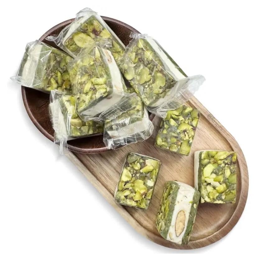Image of NY Spice Shop Nougat Pistachios Square - 1 Pound Middle Eastern Sweet Confection - Chewy Nougat with Roasted Pistachios - Traditional Mediterranean Dessert - Gourmet Candy for Gifting & Sharing