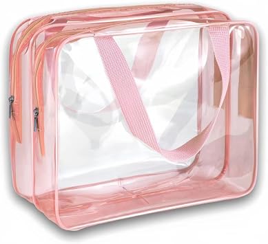 Clear Makeup Bags, Jelly Travel Cosmetic Zipper Pouch for Women, Transparent Makeup Organizer Storage Case for Make Up Brushes, Clear Travel Toiletry Bags for Girls with Portable Handle Pink