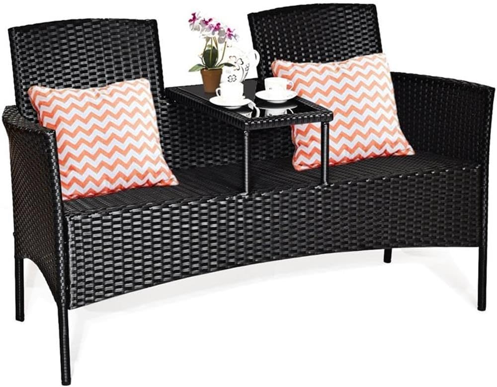 Pemberly Row Rattan and Metal Patio Conversation Set, Black Finish, Cushioned Seats with Weather-Resistant Covers, Compact Design, Tempered Glass Table, Outdoor Furniture for Patio, Balcony, Poolside