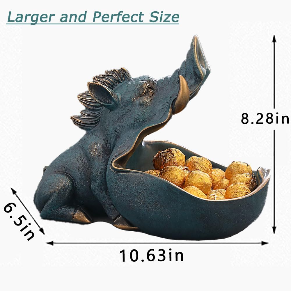 CUZOKOLA Large Size Unique Wild Boar Staute Key Bowl for Entryway Table,Cute Animal Candy Dish for Office Desk Candy Dishes Decorative Home Sculpture Desk Decor with Big Container Storage Mouth (Blue)