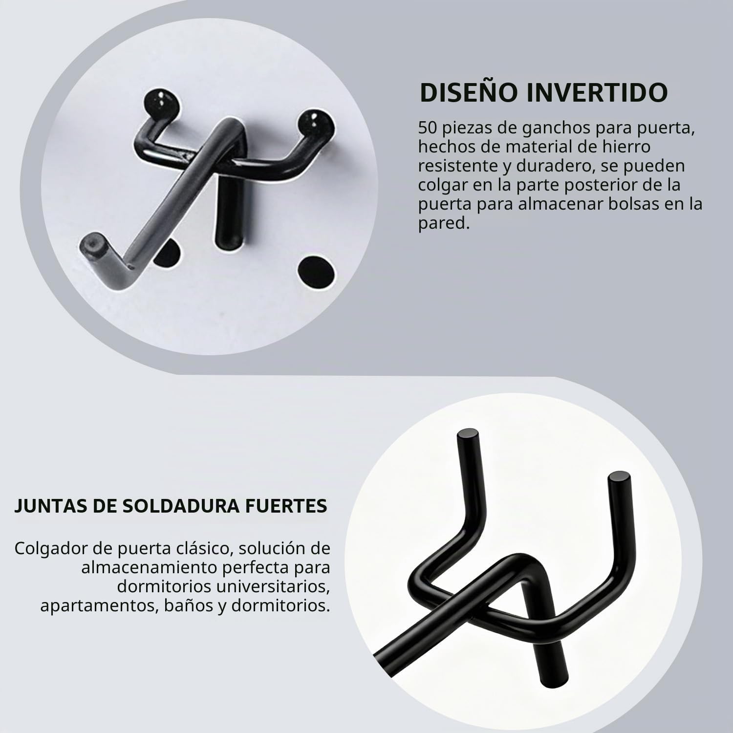50 Ganchos para Tableros, Ganchos para Panel Perforado,Juego de Ganchos de Metal en 3 Tamaños (5, 10, 15 cm),Para Tablero de Herramientas, Cocina, Garaje y Organización
