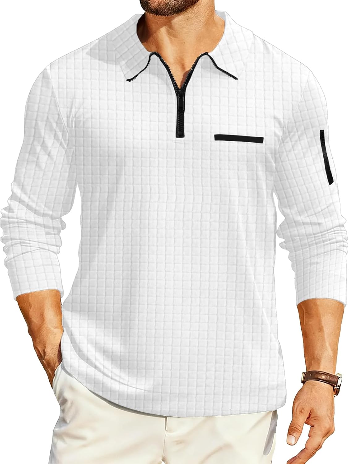 Men's Long Sleeve Polo Shirts Quarter Zip Up Pullover Slim Fit Casual Stylish Golf Shirt for Men Lightweight Tops with Pocket - Image 2