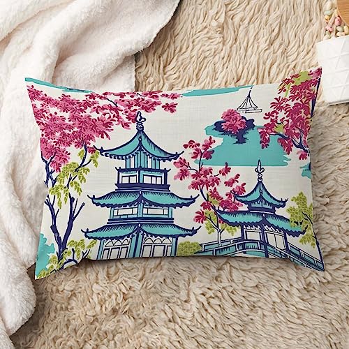 ArogGeld Aqua Blue Pagoda Coral Pink Flower Sofa Lumbar Pillowcase Asian Teal Turquoise Pagoda Decorative Lumbar Throw Pillow Chinoiserie Chic Farmhouse Pillow Case for Sofa 16x24in White Flax