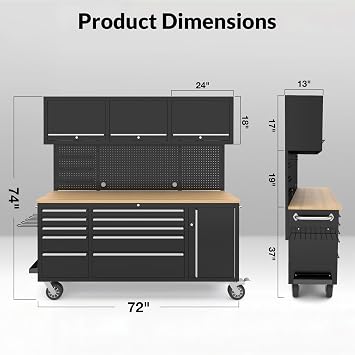 72 Rolling Tool Chest, Garage Cabinets Workbench with 10 Storage Drawers and Wheels, 3 Upper Cabinet, Pegboard, Light Strip, Steel Large Tool Box