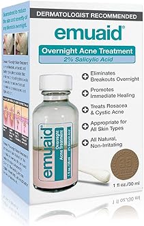 EMUAID Overnight Acne Treatment, Gentle Fast-Acting Solution with Salicylic Acid for Adults and Teens, Clears Stubborn Pimples, Cystic Acne, Blackheads, Rosacea, and Hormonal Breakouts, 1oz