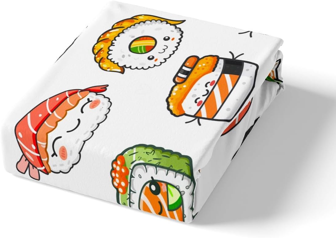 Kids Bed Sheets King Size Cute Sushi Print Bed Sheet Set for Girls Boys Children Bedroom Kawaii Decor Cartoon Japanese Style Bedding Set Teens Sheets Set with Fitted Sheet, Flat Sheet,2 Pillow Case