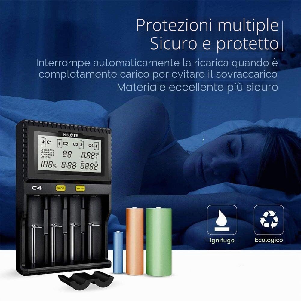 18650 Caricabatterie, Caricabatterie Intelligente Universale con Display LCD per Batterie NI-MH, NI-Cd, AA, AAA, 14500, 18350, 21700, 26650, Li-Ion LiFePO4, RCR123A (4 Slot)