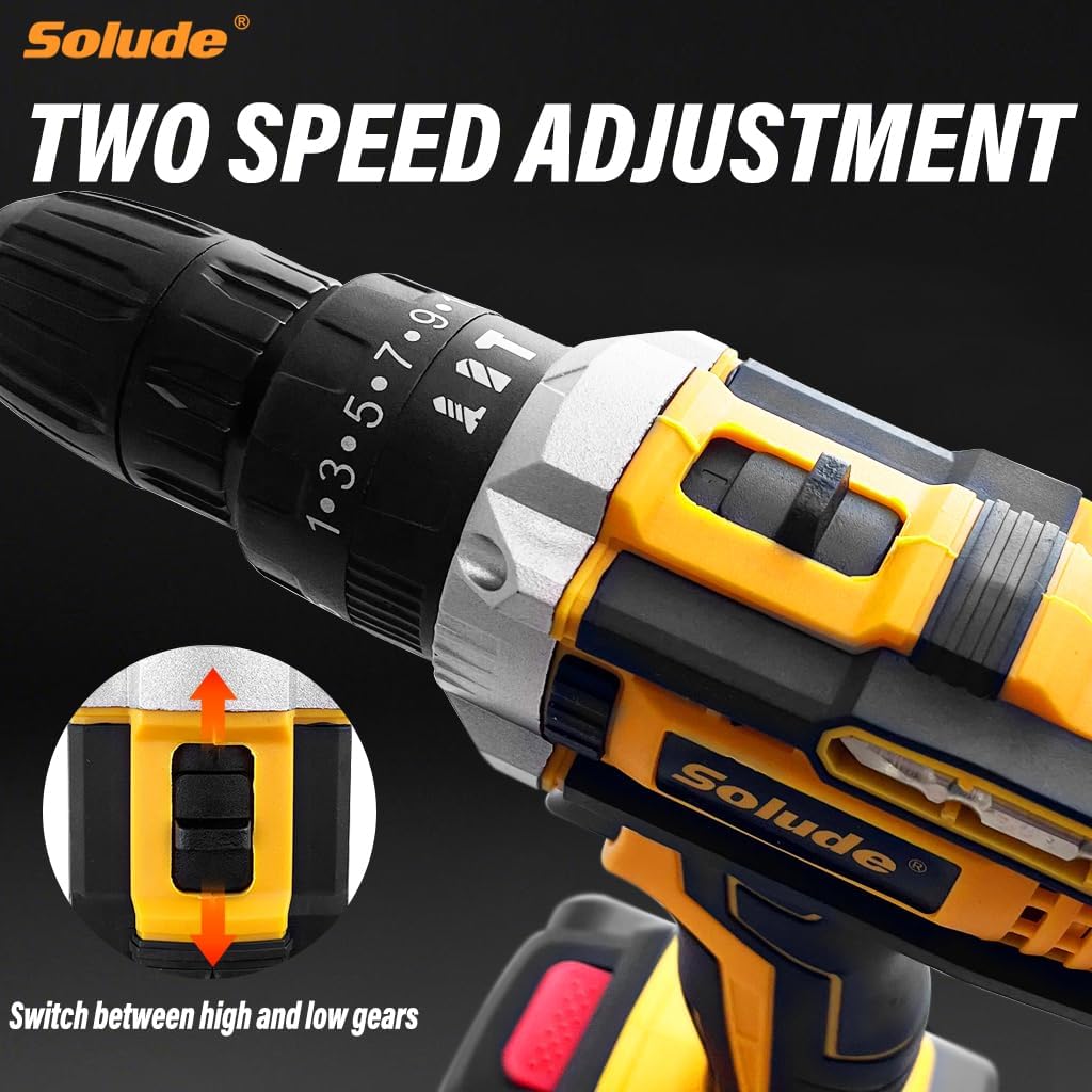 SOLUDE Cordless Drill,12V Power Drill Set with 2 Pack 3.0AH Li-ion Battery, 3/8” Keyless Chuck, 2 Variable Speed,25+1 Position and 23pcs Drill/Driver Bits