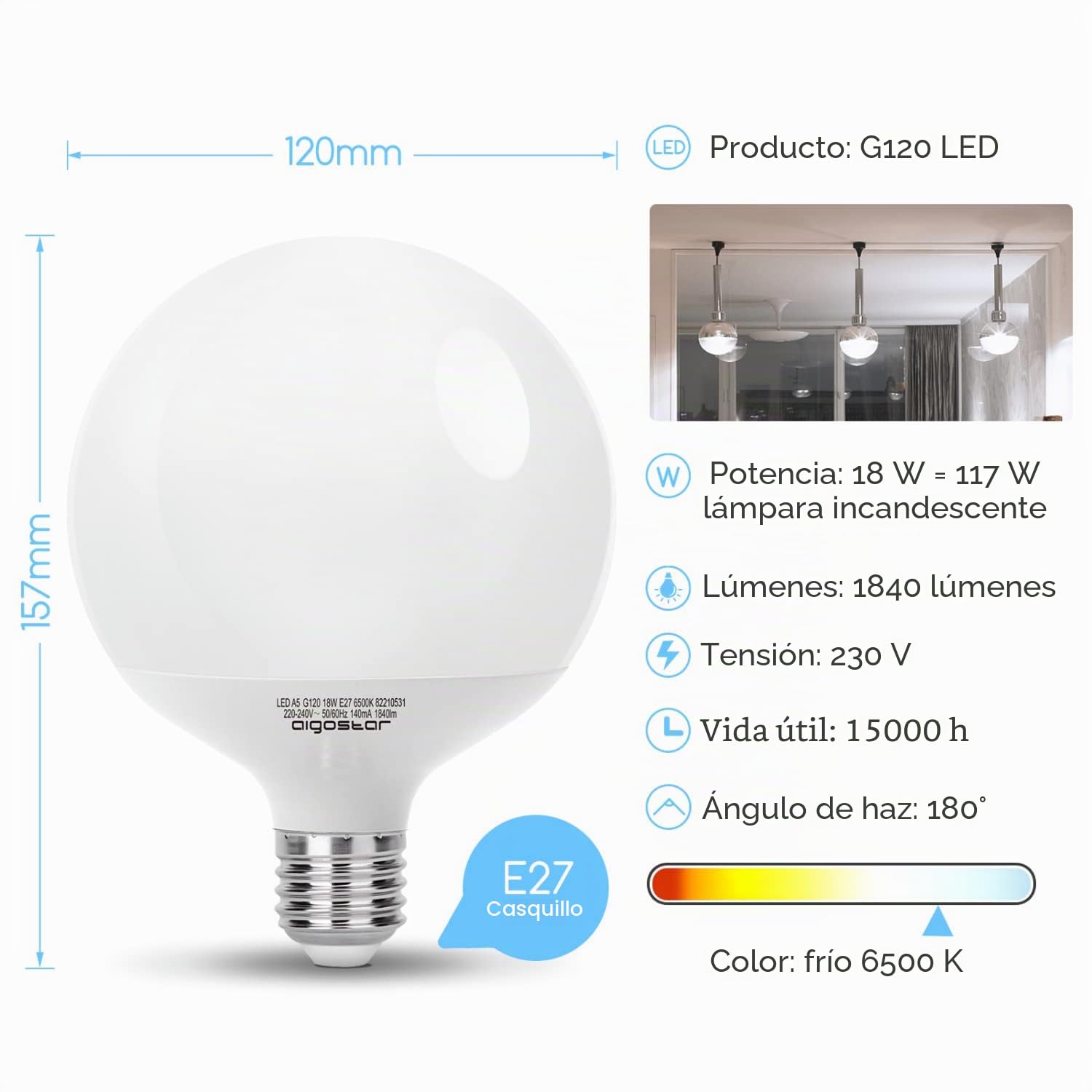 Aigostar - Bombillas LED E27 G120 Globo 18W Equivalente a 117W, Luz Fría 6500K, 1840 Lumen, CRI> 80, Ahorro de Energía, No Regulable, 6 Unidades