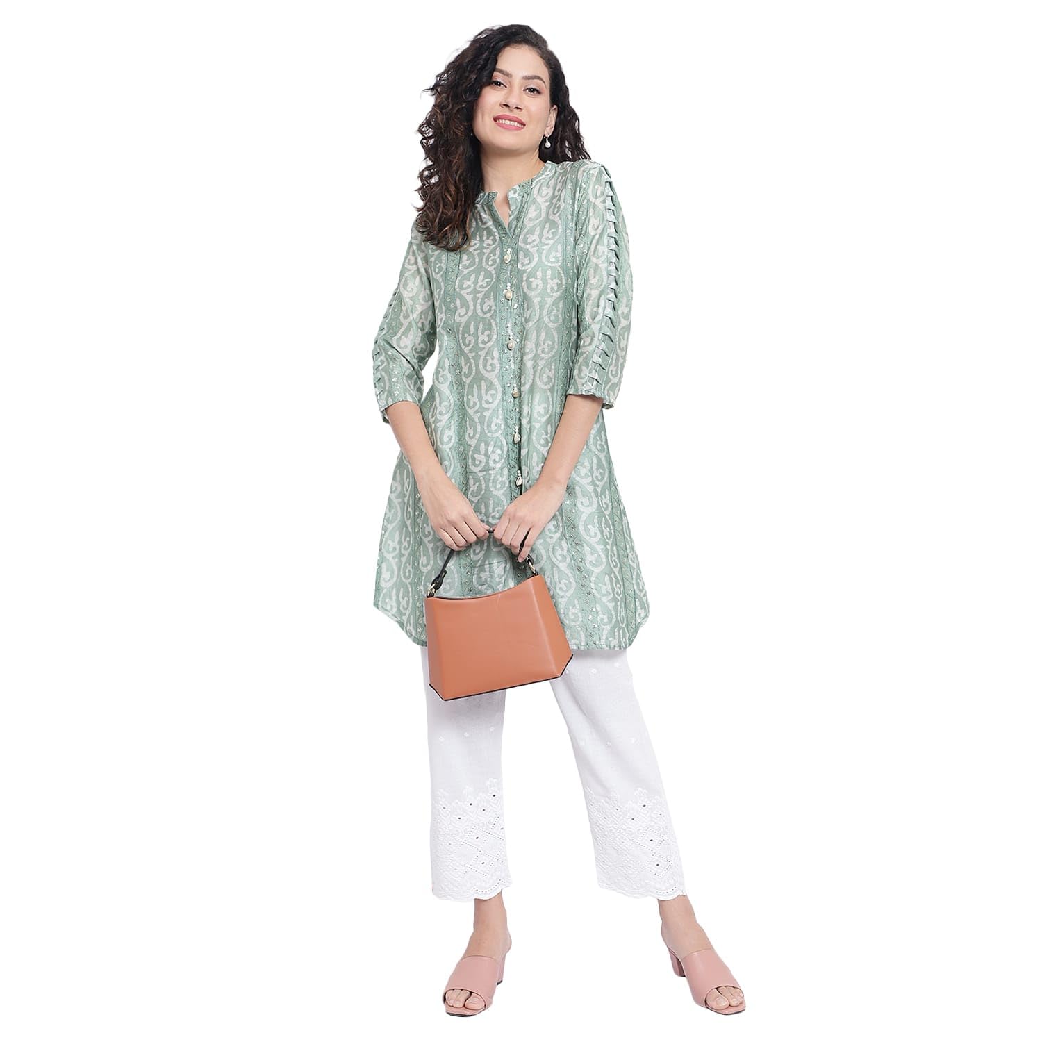 OSS Women's Batik Printed Embroidered Muslin Co-ord Set Smart Fit| Two Piece Suit Top and Pant| 3/4 Sleeves Co-ord Dress for Ladies (Pistachio Green, Coral)