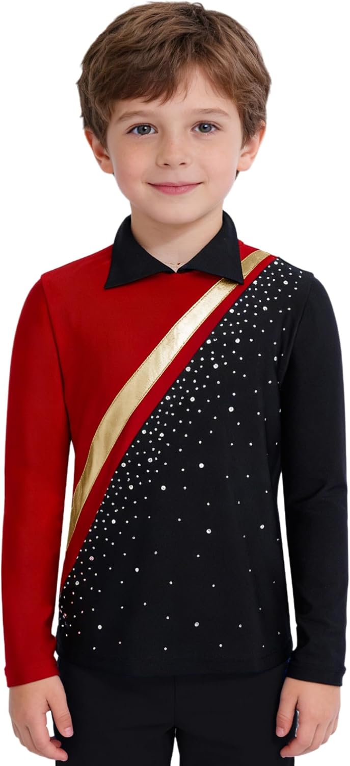 Linjinx Kids Boys Figure Ice Skating Shirts Shiny Rhinestone Mock Neck Long Sleeve Gymnastics Workout Ballet Dance Tops