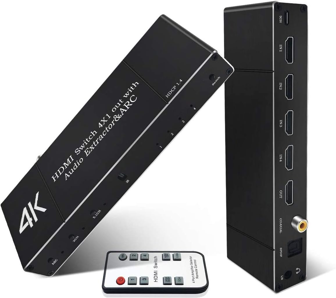 4K HDR HDMI Switch with Audio Out (Optical/Toslink/Coaxial/3.5mm), Koopman 4x1 HDMI 2.0b Switcher Audio Extractor Splitter with IR Remote, Up to 4K@60Hz High Speed 18.5Gbps, Supports ARC, HDCP 2.2, 3D