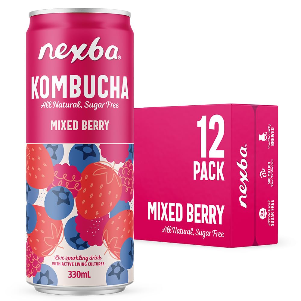 Nexba Mixed Berry Kombucha 330 ml Slim Cans (Pack of 12) – All Natural, Sugar Free & Healthy Berry-Licious Gut Boost