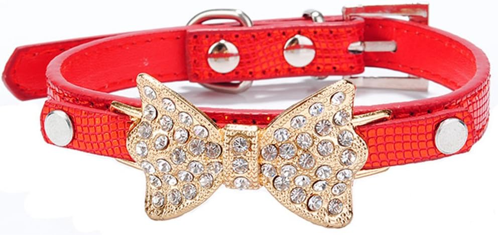 Aolove Fashion Rhinestones Diamante Butterfly Bow Tie Adjustable Pu Leather Pet Collars for Cats Puppy Small Dogs (Small, Red)