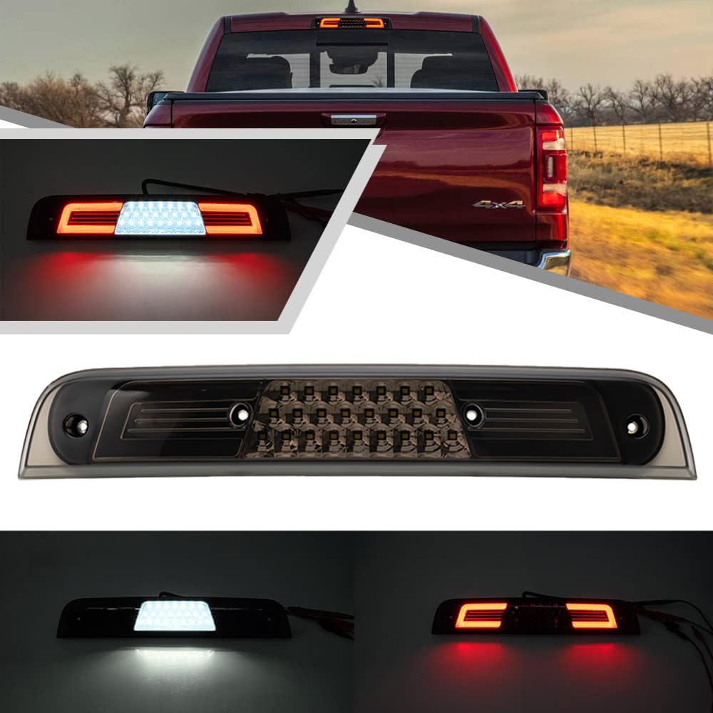 Mingrui test Red LED Third Brake Light for Dodge Ram 1500 2019 2020 2021 2022 2023 3rd Red Brake Lights Rear Center High Mount Stop Lamp White Reverse Roof Cargo Lights Smoked Lens