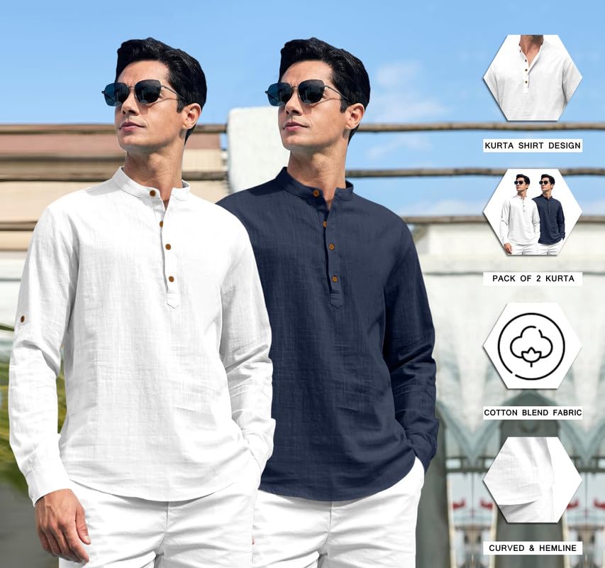 Image of ROYALSCOUT Combo of Men's Solid Cotton Blend Full Sleeve Straight Kurta Shirt (Pack of 2)