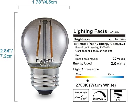 Miniatura 4 de 2 Watt Vintage Edison LED Bulbs, Globe LED Filament Bulb, 2700K Warm Light, E26 Medium Base, A15 Smoky Grey Glass Antique Tint, 25W Incandescent
