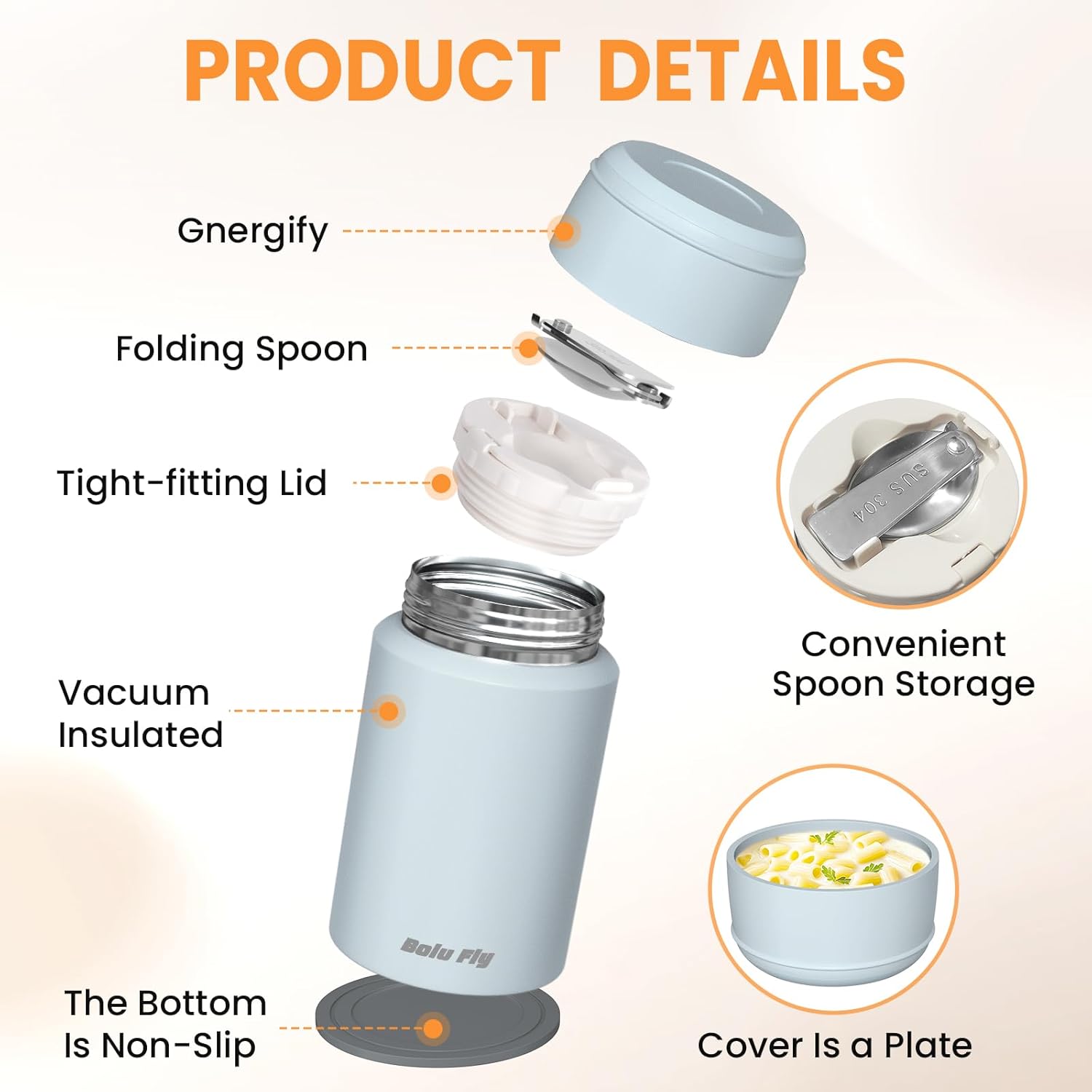 2 Pack Soup Thermo for Hot Food for Adults, Insulated Food Jar, Stainless Steel Vacuum Thermal Lunch Box Containers with Carry Bag and Spoon (18.5oz, 27oz) (Blue) - Image 8