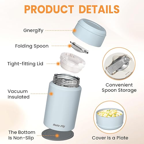 Miniatura 8 de Paquete de 2 termos para sopa para alimentos calientes para adultos, tarro de alimentos aislado, contenedores de almuerzo térmicos al vacío de acero