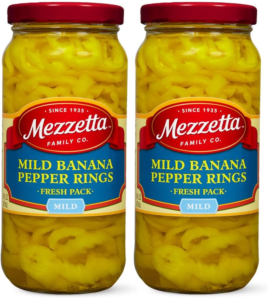 Mezzetta Mild Banana Pepper Rings - Sweet & Crunchy Peperoncini Alternative for Hamburgers, Hot Dogs, Sandwiches - Perfect for Boosting Flavor in Dishes - Gluten Free, Keto, Kosher - 16 OZ - Pack of 2
