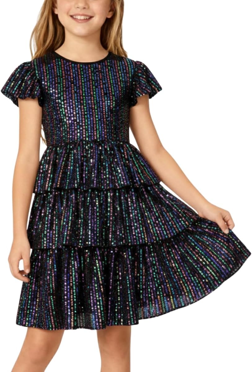 WELAKEN Girls Sequin Dress with Glittering Flutter Sleeves and Tiered Layers