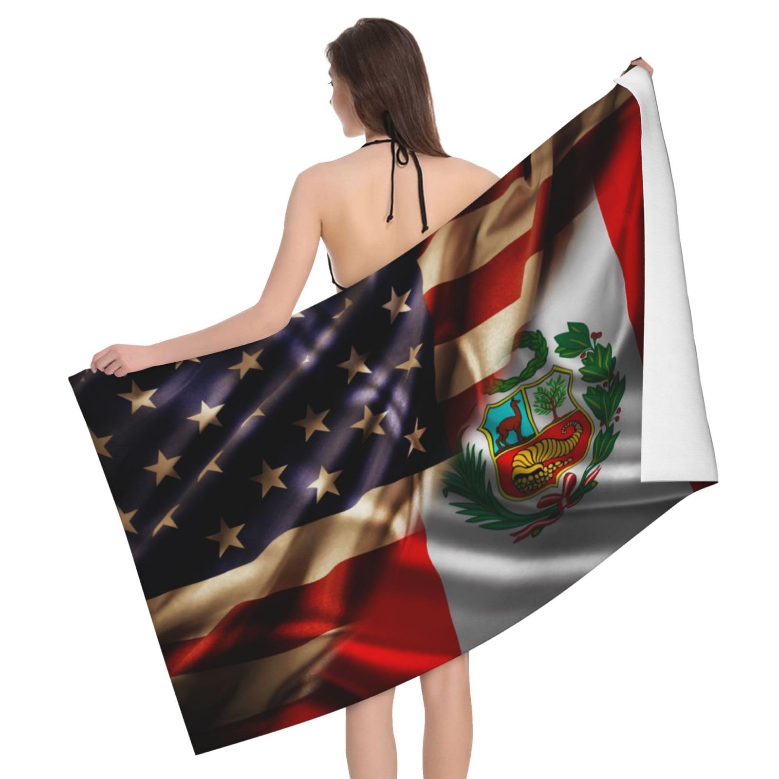 HLBSDM Microfiber Combined Peru and USA Flag Beach Towel Quick Dry Soft Sand Free Beach Towels for Pool Swim Beach Lightweight Thin Towels