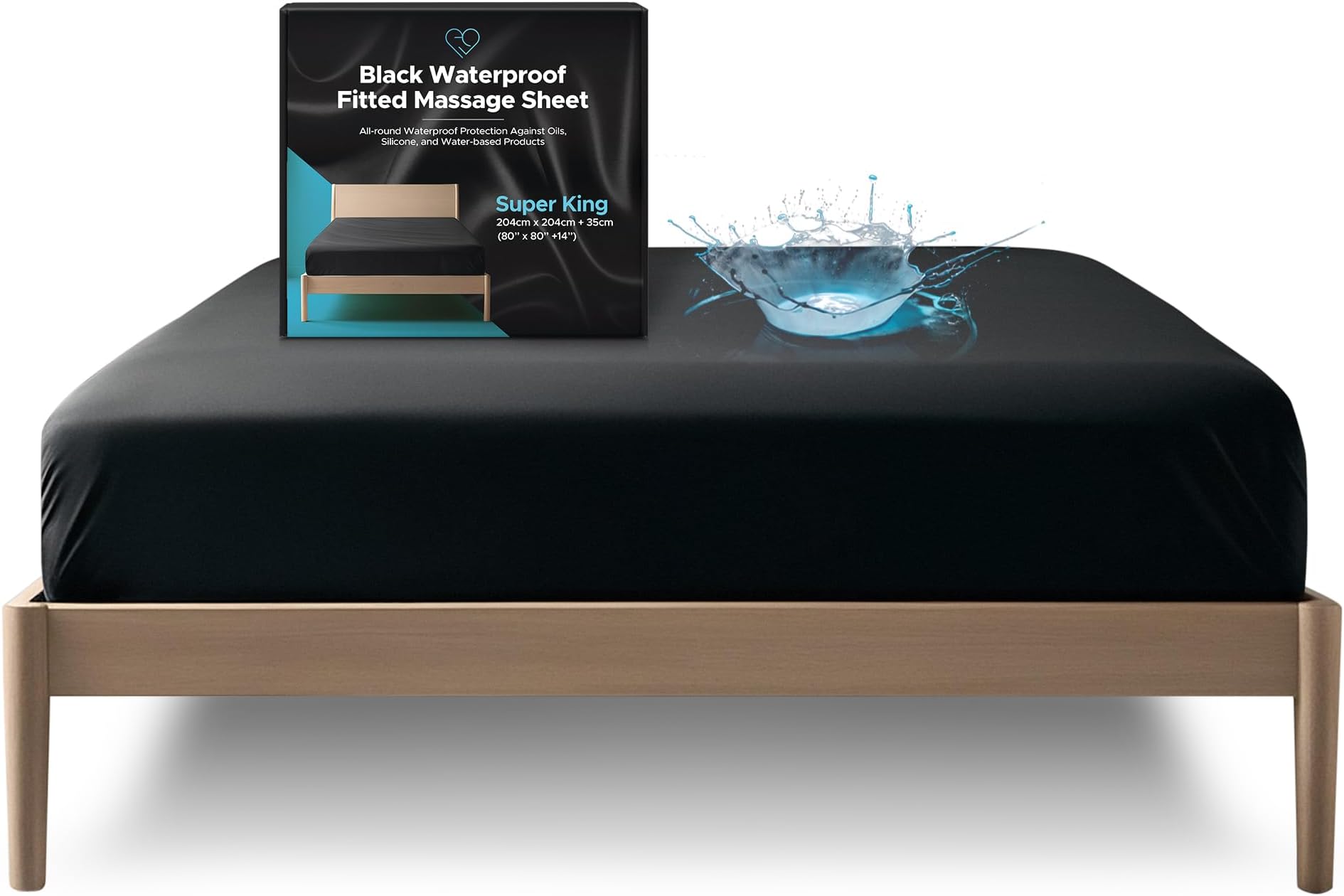 Super King Waterproof Fitted Sheet, 14'' Deep Pocket, 100% Black Mattress Protector, Safe with Oil, Water-Based, & Silicone-Based Massage Products, Machine Washable, Noiseless, Hypoallergenic