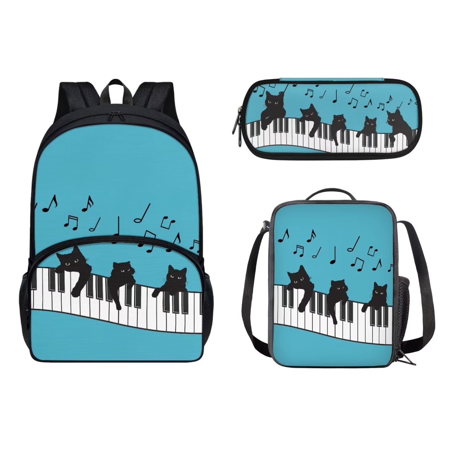 Annejudy Black Cat with Music Notes Print School Backpack for Boys Girls with Lunch Box Pencil Case Teens Kids Bookbag Kindergarten Elementary Middle