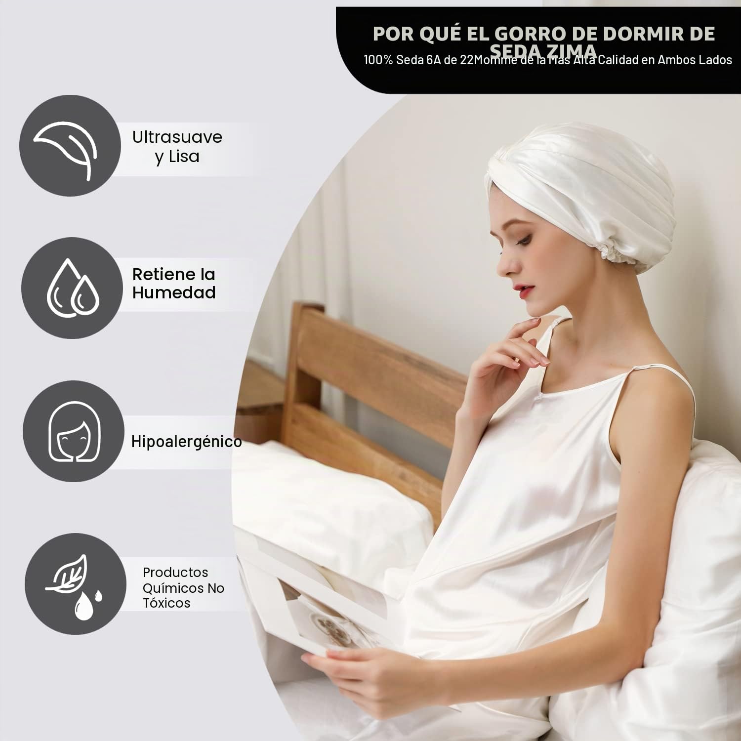 ZIMASILK - Gorro de seda 100 % de morera de 22 mm para dormir con elástico que se adapta a la cabeza y plisado clásico, gorro de seda para el cuidado del cabello de la mujer (1 unidad, marfil)