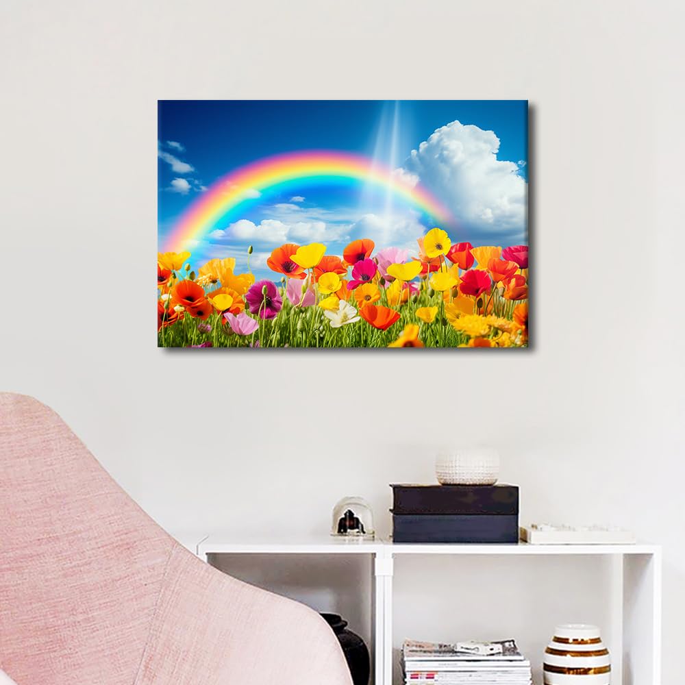 TISHIRON 1 Piece Rainbow Picture Home Decorations for Living Room Poppy Canvas Prints Painting Colorful Flowers Wall Art Family Wall Office Room Decor Pray Canvas Framed Wall Hang - Image 2