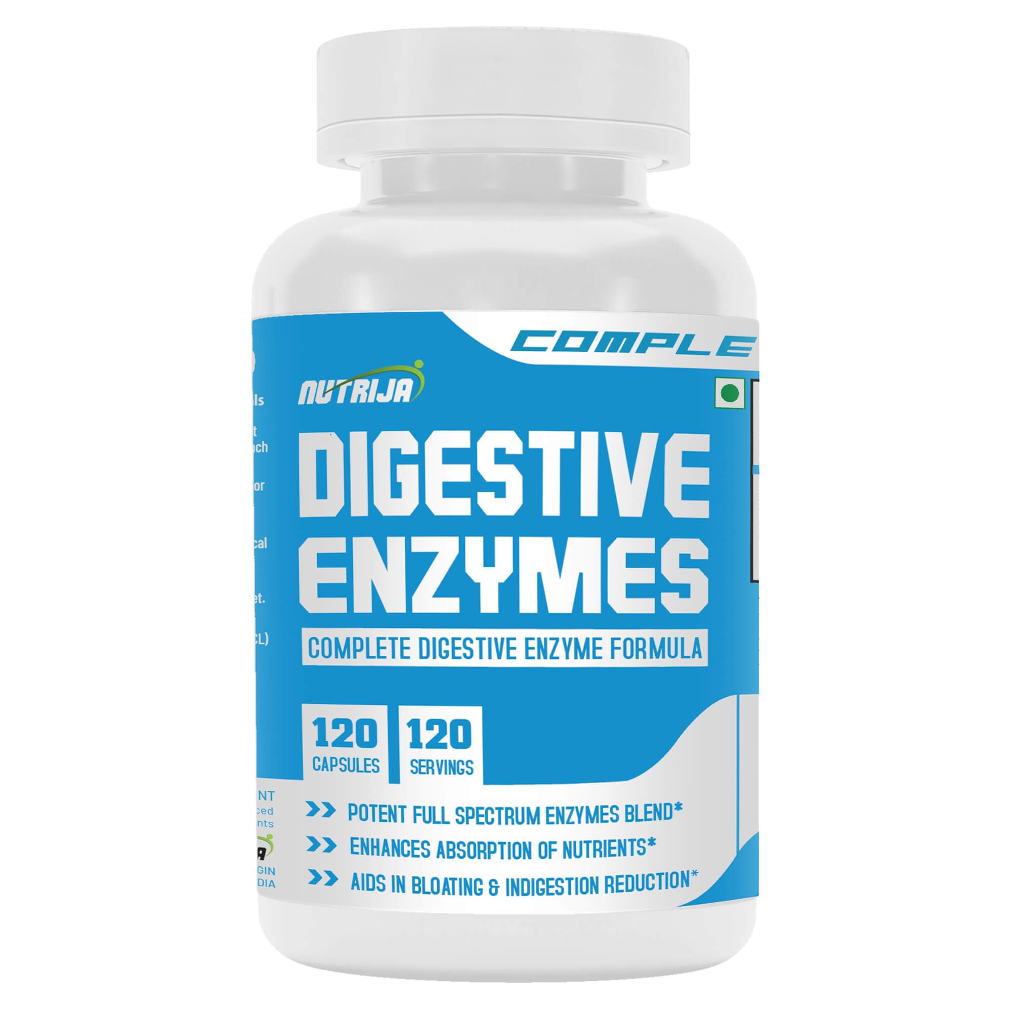 NutriJa Complete Digestive Enzymes | Full Spectrum Enzyme Blend with Protease, Amylase, Lipase, Papain, Betaine HCL & BioPerine | Digestive Support Supplement | 120 Capsules