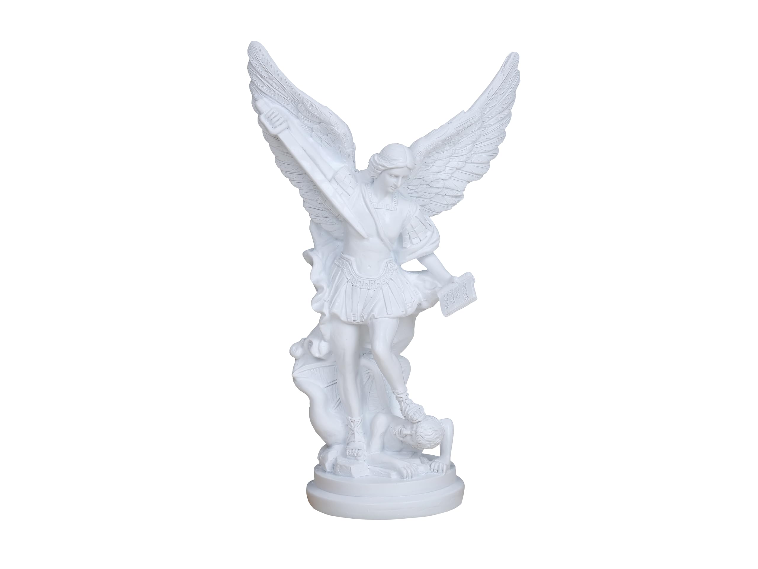 St. Michael Statue 12inch San Miguel Arcangel Statue White St Michael The Archangel Saint Archangel Michael Statue Resin Battle Angel Sculpture Bronze Collectible Figurines Religious Gift