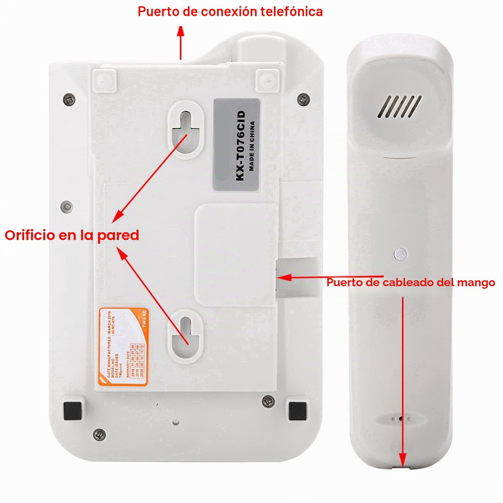 Teléfono de Pared y Escritorio con Cable - FSK/DTMF para Hotel y Casa - con Pantalla de Llamadas (Blanco)