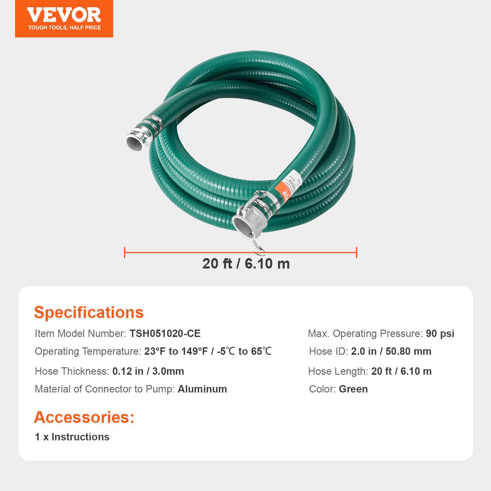 VEVOR Tubo di Aspirazione, 50,8 mm x 6,10 m, Tubo Verde con Connettori Camlock e Raccordi in Alluminio, Adatto a Varie Pompe, per Trattamento di Acque Reflue, Trasporto Acqua e Altri Scopi Agricoli