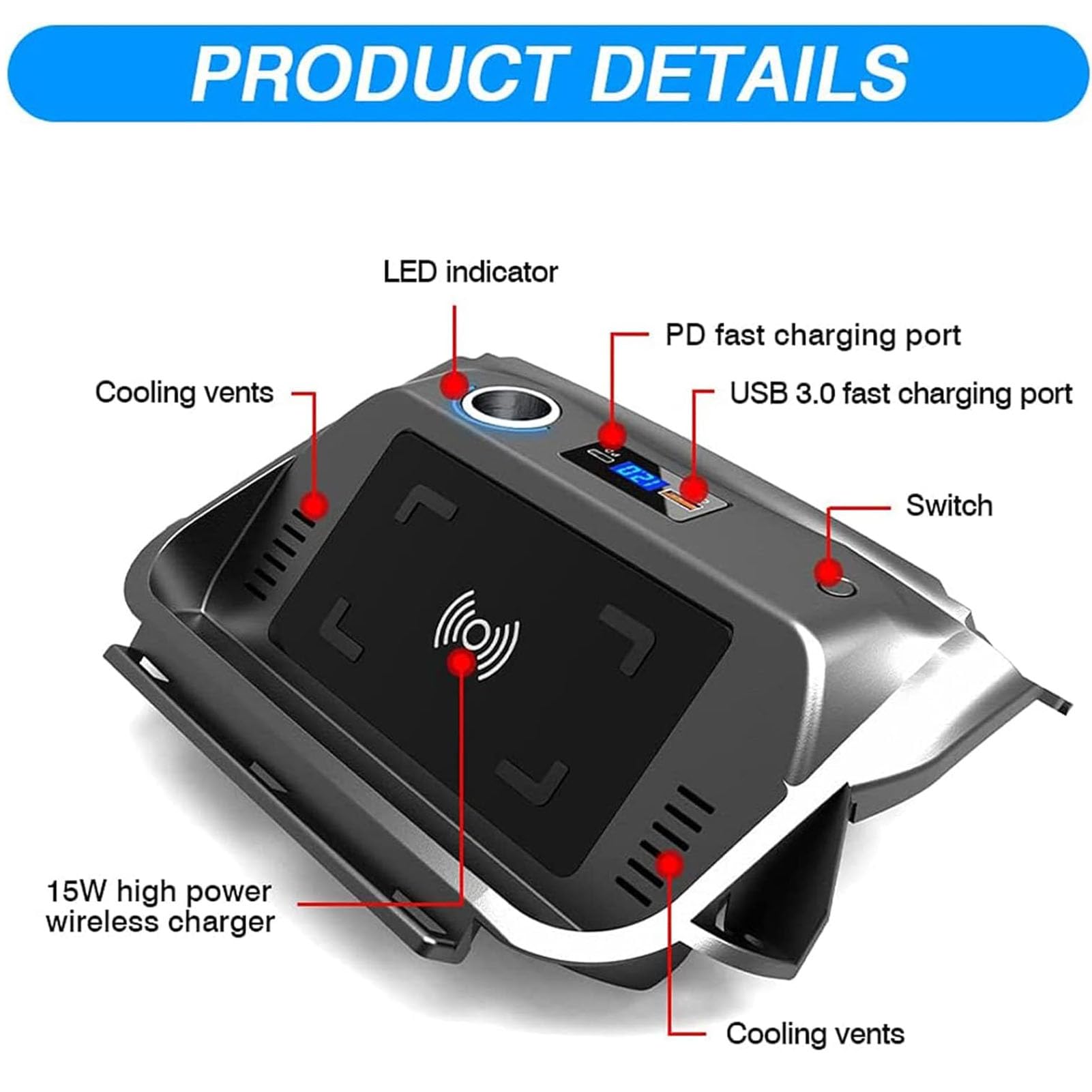 Cargador De Coche Inalámbrico Accesorios De Consola Central Compatible con Toyota Corolla 2019-2022,Carga Rápida Qi De 15 W, con Puerto USB QC3.0,Regalo para Propietarios De Toyota